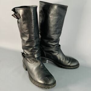 FENDI Size 9 Black Leather Shearling Lined Pull On Buckle Boots